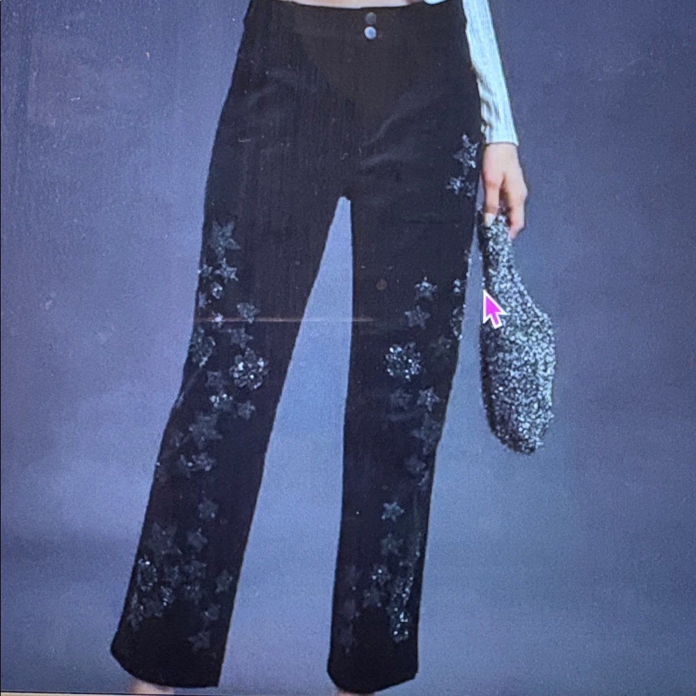 Anthropologie Pilcro Wanderer Black Velvet Relaxed Leg Pants with Beaded Detail